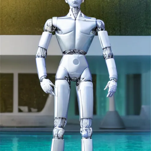 Image similar to made of ice, a realistic detailed photo of a guy who is an attractive humanoid who is half robot and half humanoid, who is a male android, on display, blank stare, showing off his muscles, shiny skin, posing like a statue, by the pool, frozen ice statue, twitch streamer / gamer ludwig, humanoid robot