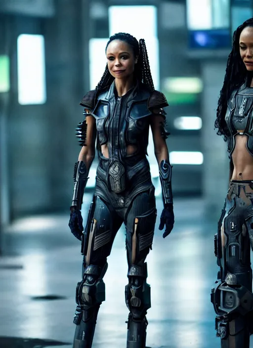 Image similar to thandiwe newton wearing cyberpunk armor in a utopian solarpunk city, photorealistic, 8 k hd resolution