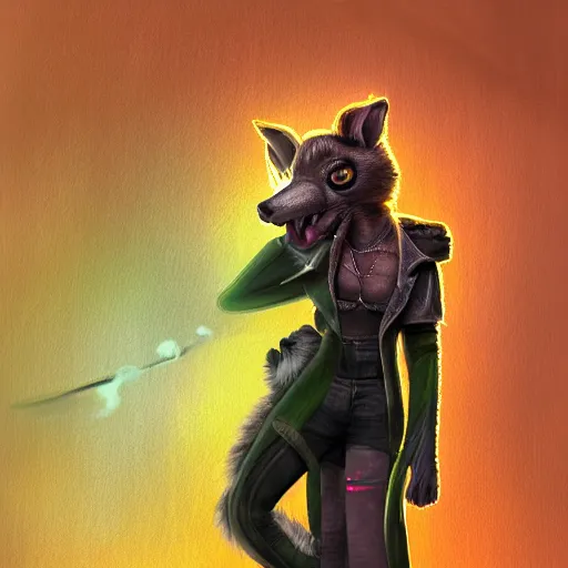 Image similar to digital painting of anthromorphic hyena female smoking cigarrete, fursona, furry fandom, furaffinity, neon rainy cyberpunk setting, anthro, wearing cyberpunk leather jacket, detailed face, blade runner, zootopia style,