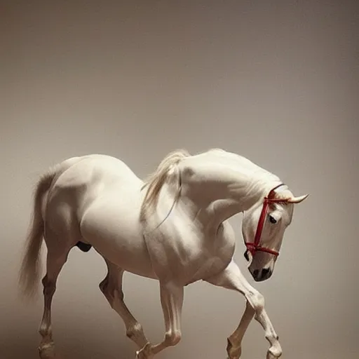 Image similar to an all white horse, with no facial features, like a white mask pulled over their face, full body laying in a blood red pool of water between a golden mirror frame, inspired by the bohemian grove sacrifice ritual and outside the mirror frame is a deep space, physically accurate, dynamic lighting, intricate, elegant, highly detailed, very very Roberto Ferri, sharp focus, very very unsettling, very terrifying, illustration, art