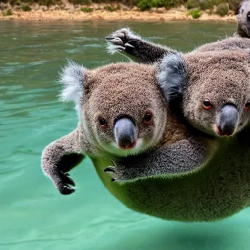 Image similar to 4 koalas swimming in the ocean as people watch