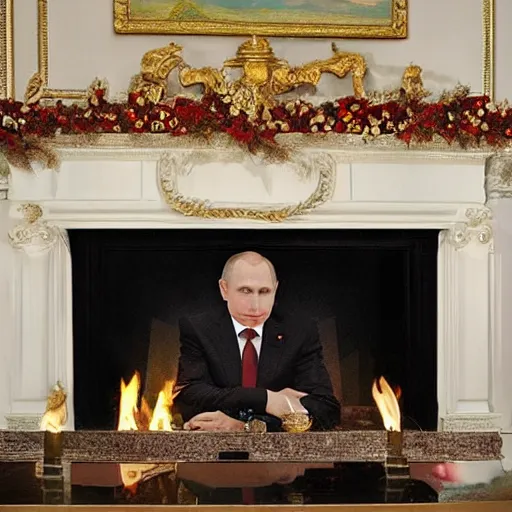 Prompt: vladimir putin in a waistcoat staring at a log fire photograph symmetric