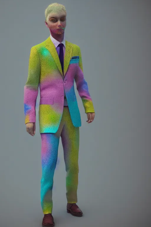 Prompt: a scene with a character wearing a super colorful muted color diy! suit, by vivienne westwood!, detailed photoreal render octane render, pointillism, oil on canvas