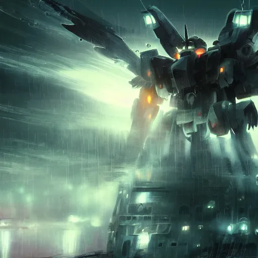 Image similar to a large creature in the fog covering a city. rain storm. in anime style, dark color. explosions, ultra wide angle, panoramic, fish eye, colorfull painting, centered, front, horizont, outline, stars, gundam, mech, detailed, art by stephan martiniere, 4 k resolution