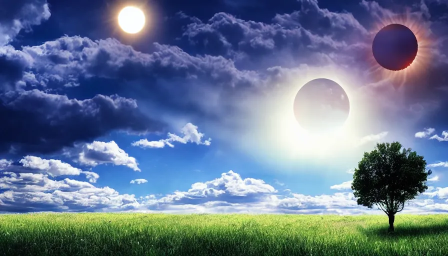 Prompt: dramatic solar eclipse, matte painting, grassy field, single tree, colorful clouds, blue sky