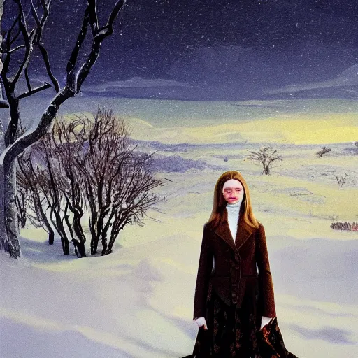 Prompt: Elle Fanning in a winter wonderland, head and shoulders masterpiece, apocalypse, golden hour, cosmic horror, artstation, in the style of Andrew Wyeth and Edward Hopper and Edwin Blashfield, extremely detailed