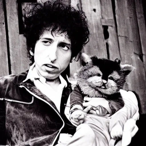 Prompt: bob dylan cradling belial from basket case like a baby, photograph, 1 9 6 5