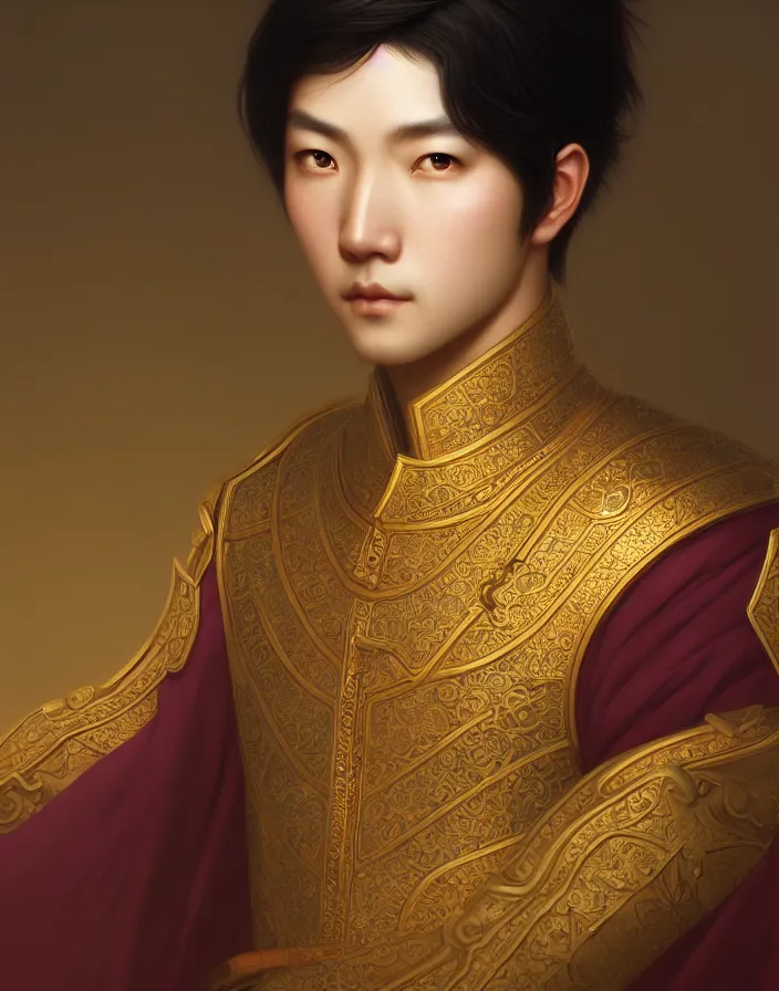 Prompt: a portrait of a asian male prince, illustration, soft lighting, soft details, dark mood, painting oil on canvas by Edmund Blair Leighton and Charlie Bowater octane render trending on artstation d&d characters, 4k, 8k, HD