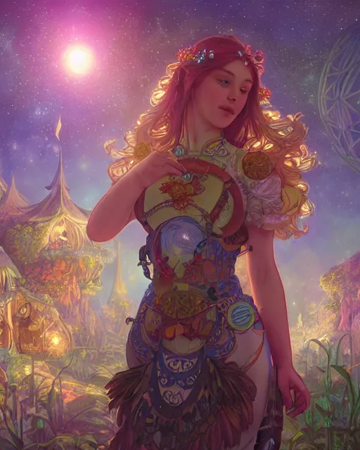 Prompt: girl in solarpunk fantasy village, evening, 4 k, ultra realistic, detailed, epic lighting, starry sky, magical, glowing forest, mushrooms, machines, high detail, masterpiece, trending on artstation by artgerm and akihito tsukushi and alphonse mucha