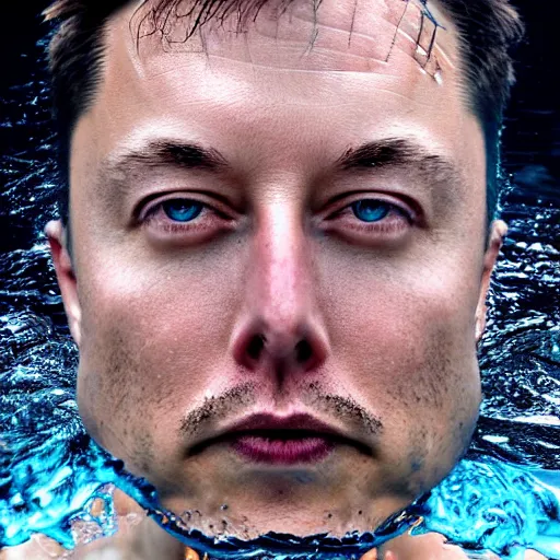 Image similar to water artwork manipulation in the shape of the head of elon musk, on the ocean water, ray tracing, realistic water sharp focus, long shot, 8 k resolution, cinematic, amazing water art