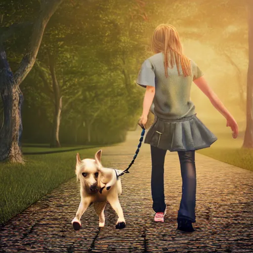 Prompt: Full lenght view contamporary art photography of ultra mega super hyper realistic girl walking with a dog . Photo on Leica Q2 Camera, Rendered in VRAY and DaVinci Resolve and MAXWELL and LUMION 3D, Volumetric natural light