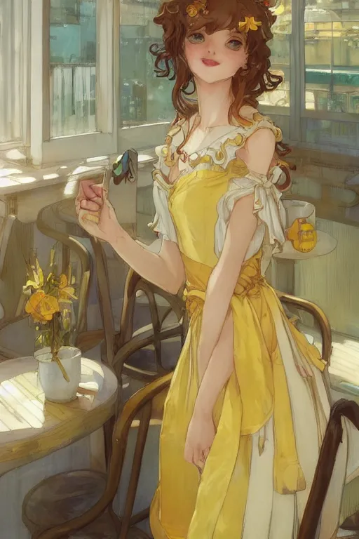 Prompt: A girl in a maid's outfit in a cafe a afternoon, wavy hair yellow theme,S line,45 angel by krenz cushart and mucha and wlop and greg rutkowski