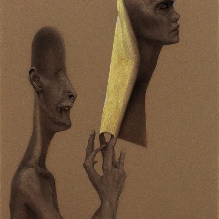 Prompt: alien woman portrait with a paper bag over the head, highly detailed, artstation, art by zdislav beksinski, wayne barlowe, edward hopper