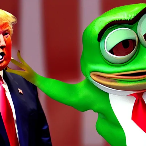 Image similar to pepe the frog having a talk with Donald Trump, ultra realistic