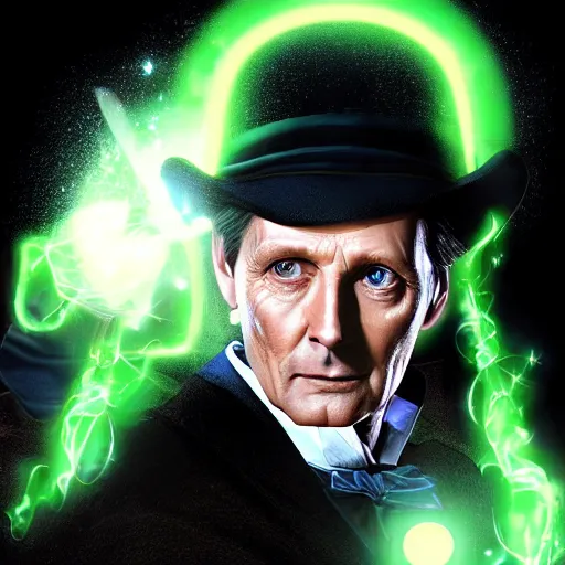 Image similar to Jeremy Brett as Sherlock Holmes as a powerful Warlock, with green energy emanating from his eyes, digital art 8k