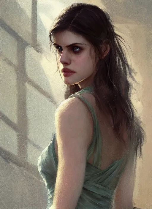 Prompt: a digital painting of Alexandra Daddario wearing a sundress, by netter, beautiful, gorgeous, long hair, style from greg rutkowski, beautiful eyes, full frame, oil painting, featured on artstation, concept art, smooth, sharp focus, illustration, very detailed, ambient lighting, unreal engine render, concept art by Atey Ghailan, by Loish, by Bryan Lee O'Malley