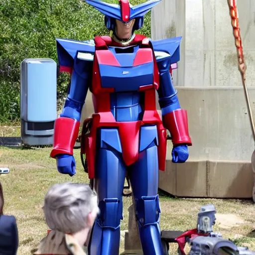 Image similar to will ferrell wearing a gundam suit, live action film