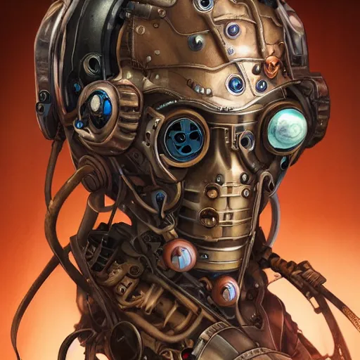 Image similar to portrait painting of a steampunk cyborg superhero, transhumanism, ultra realistic, concept art, studio ghibli, intricate details, eerie highly detailed