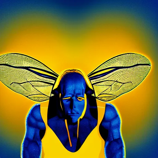 Image similar to human man that resembles a wasp morh in surreal sketch style, blue and yellow gradient, noise, ultrafine detail, hd 8k, logo illustration