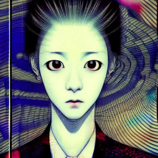 Image similar to yoshitaka amano blurred and dreamy realistic three quarter angle portrait of a young woman with short hair and black eyes wearing office suit with tie, junji ito abstract patterns in the background, satoshi kon anime, noisy film grain effect, highly detailed, renaissance oil painting, weird portrait angle, blurred lost edges