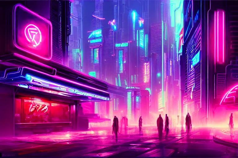 Image similar to painting of a modern cyberpunk city, neon lights, fine details, magali villeneuve, artgerm, rutkowski