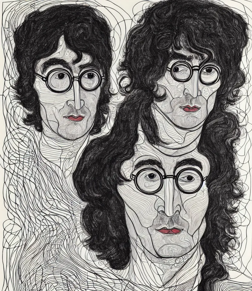 Prompt: elegant intricate line art portrait of john lennon. inspired by egon schiele. contour lines, graphic musicality, twirls, curls, curves, strong confident personality, staring at the viewer