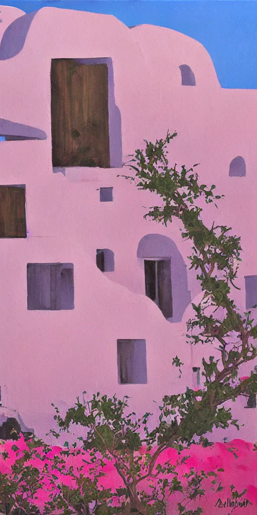 Image similar to overgrown ruins of santorini with pink sky, painting by ashley wood