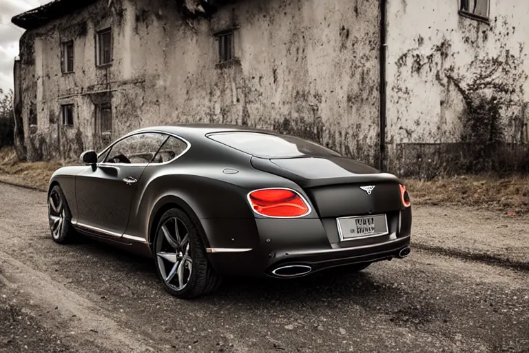 Image similar to modern rusty matte Bentley Continental GT without gloss no reflections drives along the road of an old Russian village with houses at the edges