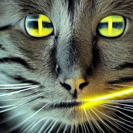 Image similar to a cat with laser eyes, lasers shooting, epic, trending, underground art, acid trip, dmt, cat