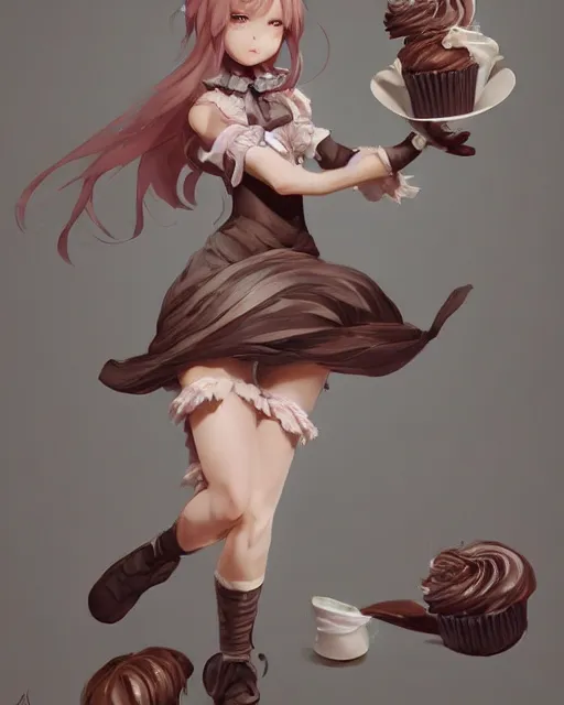 Image similar to a ( girl as personification of chocolate cupcake ), fantasy bakery, digital art by krenz cushart, laurie greasly, wlop, artgerm, intricate, ( highly detailed figure ), sharp focus, smooth, epic composition, joyful, unreal engine