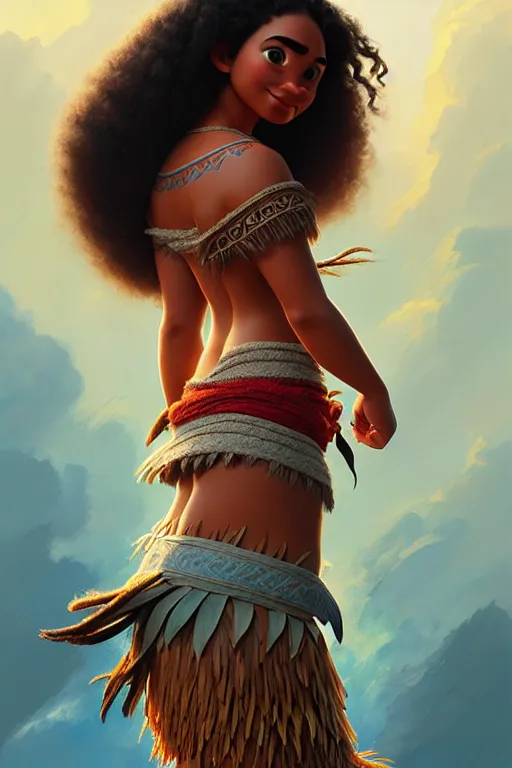 Prompt: moana, hyper detailed, digital art, ue, artstation, natural lighting, studio quality, smooth render, by caravaggio, artgerm, greg rutkowski, peter mohrbacher, hajime sorayama, boris vallejo, craig mullins, intricate fractal lace