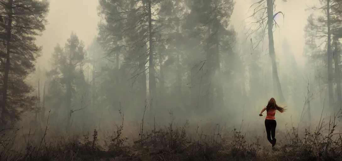 Image similar to young woman running towards the camera with a forest fire behind her, smoke on the ground, fog, Bleak. big stones, Dark mood. Mysterious. Doom. Realistic painting. photobashing, matte painting, highly detailed,