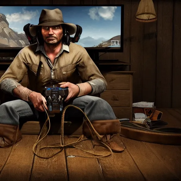 Prompt: john marston in a dimly lit bedroom, playing pc games with gaming headphones on, photograph, top lit