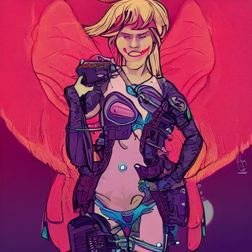 Image similar to Portrait of a cyberpunk fairy wearing cyberpunk clothes, fairy wings, retrowave, trending on artstation, very detailed, realistic, by Moebius, Laurie Greasley, Alphonse Mucha