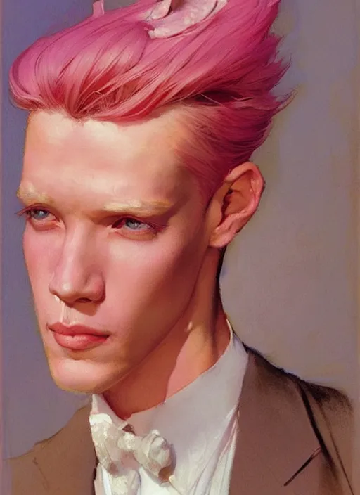 Image similar to androgynous cute pink haired male, muted colors, colorful flowers, sunlight filtering through skin, j. c leyendecker, by alan lee, wlop! illustrated by starember, fantasy art by craig mullins cfg _ scale 9