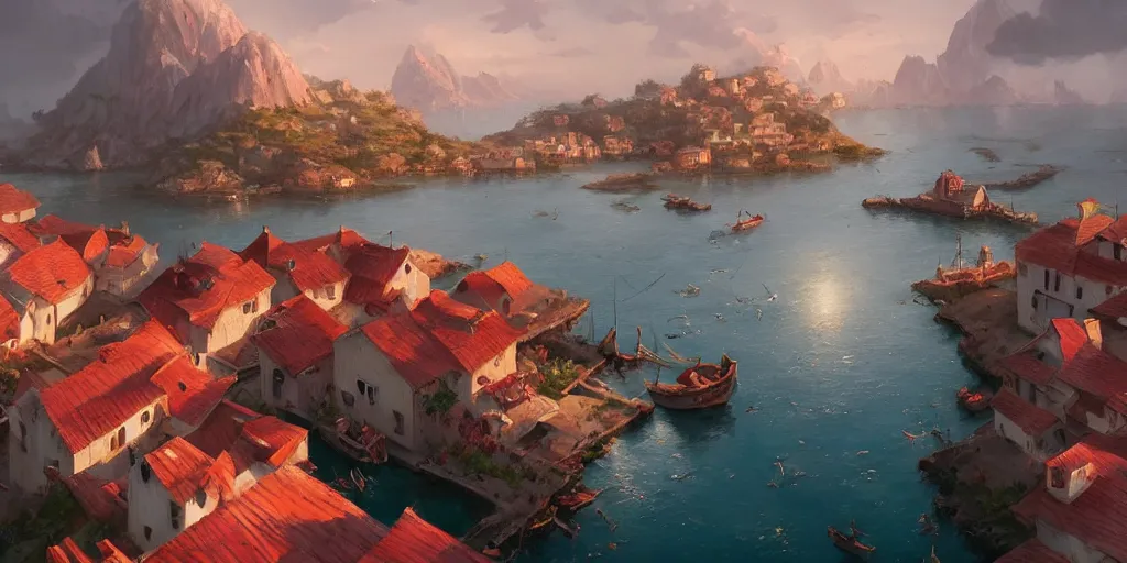 Prompt: Cozy small village on a cape, red roofs, fishing boats, view from above. In style of Greg Rutkowski, Jesper Ejsing, Makoto Shinkai, trending on ArtStation, fantasy, great composition, concept art, highly detailed, scenery, 8K, Behance.