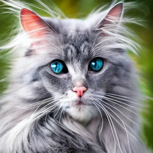 Prompt: long haired grey cat, bright vivid colors