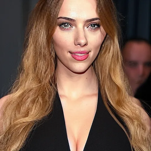 Image similar to a woman who is a genetic combination of kim kardashian and kat dennings and scarlett johansson and margot robbie and emma watson face and upper - body focus