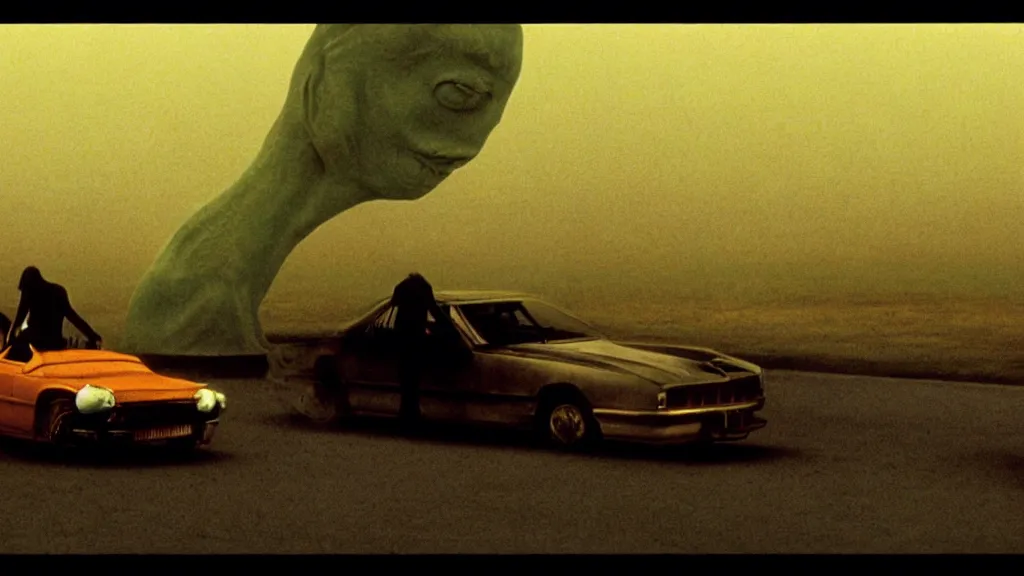 Prompt: the hip creature on the car, film still from the movie directed by denis villeneuve and david cronenberg with art direction by salvador dali and zdzisław beksinski, wide lens