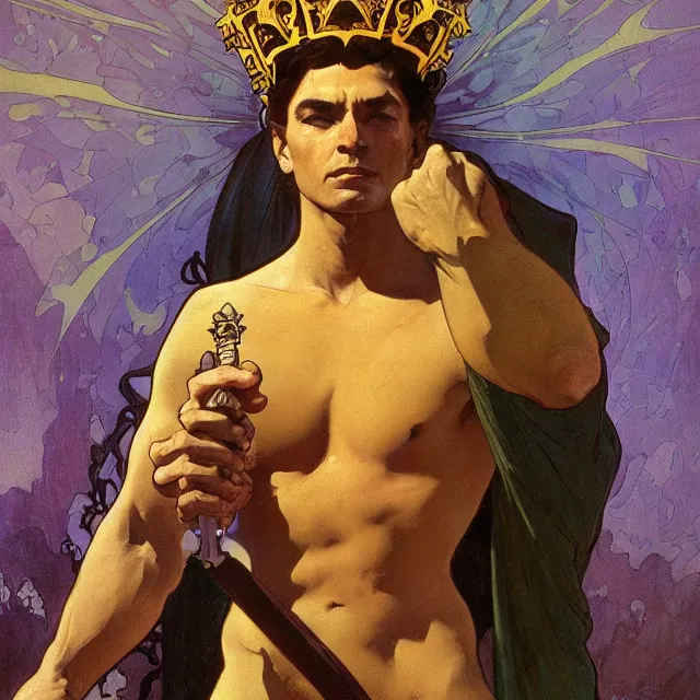 Prompt: an aesthetic! a detailed portrait of a man with a crown, holding a scepter by frank frazetta and alphonse mucha, oil on canvas, art nouveau dungeons and dragons fantasy art, hd, god rays, ray tracing, crisp contour lines, huhd