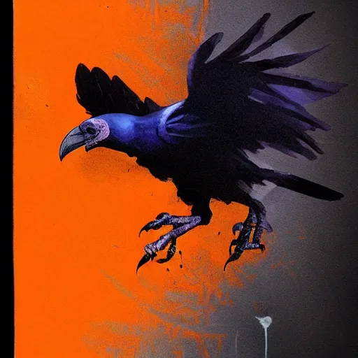 Image similar to indigo raven in flight with one skull in the background with a splash of deep orange greg rutkowski