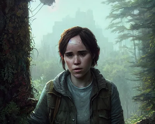 Image similar to highly detailed portrait of ellen page, in the last of us, stephen bliss, unreal engine, fantasy art by greg rutkowski, loish, rhads, ferdinand knab, makoto shinkai and lois van baarle, ilya kuvshinov, rossdraws, tom bagshaw, global illumination, radiant light, detailed and intricate environment