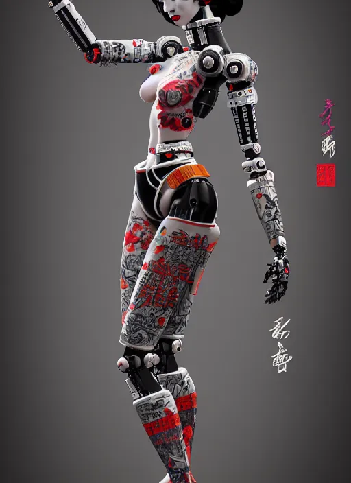 Image similar to full body portrait of a punk geisha robot with kanji tattoos and decals wearing a digital pixelated kimono, intricate design, photo - realistic, octane render, dark colour palette, ultra fine detailed, character design, trending on artstation