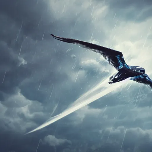 Image similar to flying falcon with cybernetic aerodynamic parts, close shot, storm sky, cinematic, render, digital art