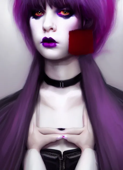 Image similar to portrait of white teenage girl, normal face, white bangs, mall goth, cyberlox, black and white hair, bangs, fluffy bangs, red contact lenses, purple lipstick, intricate, elegant, highly detailed, digital painting, artstation, concept art, sharp focus, smooth, illustration, art by wlop, mars ravelo and greg rutkowski