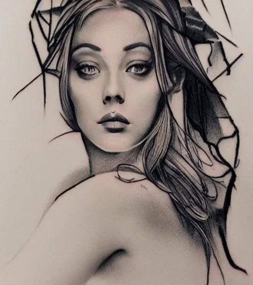 Image similar to tattoo design sketch of a beautiful woman face against a background of beautiful mountains and nature, hyper - realistic, in the style of den yakovlev, amazing detail, black and white