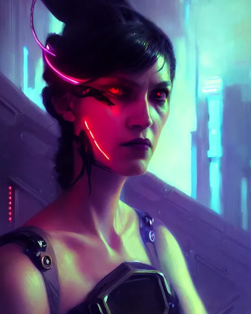 Prompt: painted close - up portrait of a neon intimidating cyberpunk girl. oil painting, wearing a noblewoman's outfit, fantasy art by greg rutkowski and john singer sargent and gaston bussiere, demon noble character design