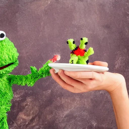 Prompt: person eating a muppet on a dinner plate