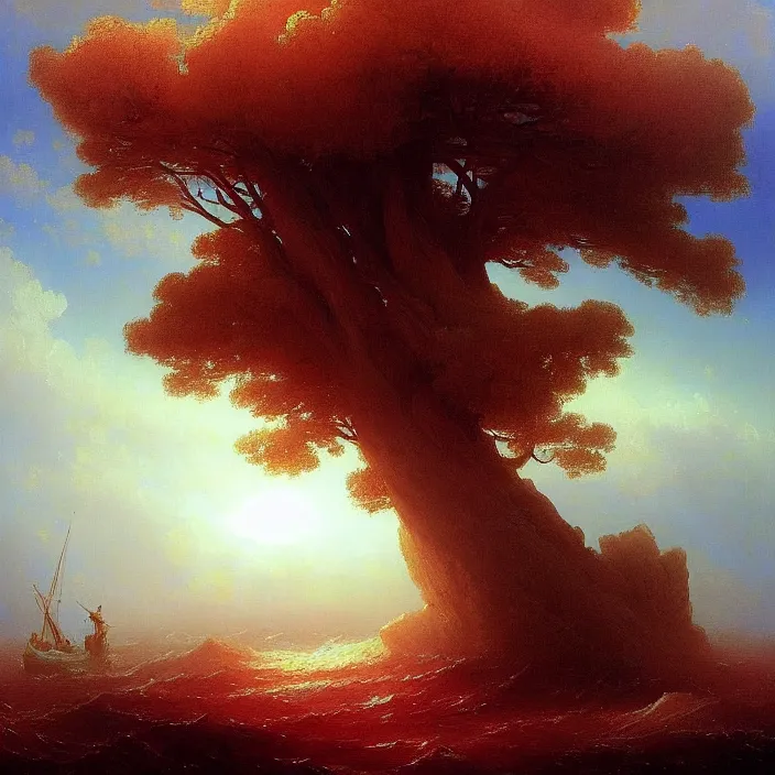 Image similar to a beautiful painting of the world tree on the red sea by ivan aivazovsky and greg rutkowski! and james gurney, in style of impressionism. highly detailed face. fantasy, elden ring, hyper detailed, sharp focus, soft light. ray tracing. trending on artstation.