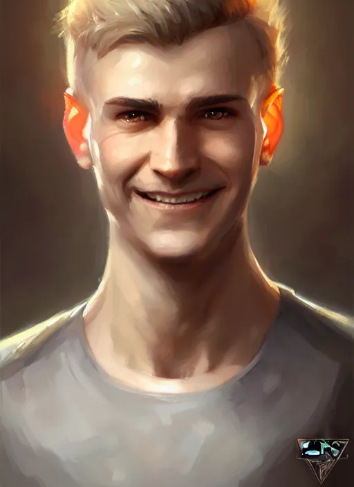 Image similar to a _ fantasy _ style _ portrait _ painting _ of white male short fringe light brown hair short face grinning clean shaven short head, rpg dnd oil _ painting _ unreal _ 5 _ daz. _ rpg _ portrait _ extremely _ detailed _ artgerm _ greg _ rutkowski _ greg